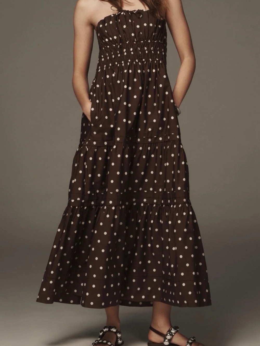 Anthropologie Brown Maxi Dress with Ivory Polka Dots